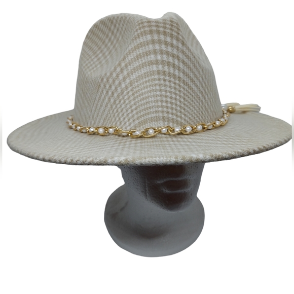 Ophelia Roe Woman's Wide Brim Felt Fedora Hat with Faux Pearl Chain Band NWT - Picture 4 of 8